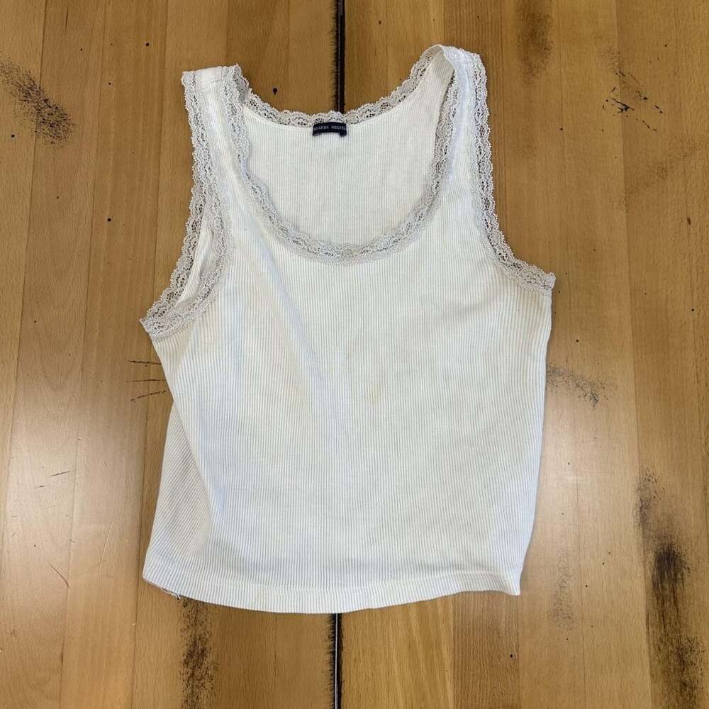 Brandy Melville White Ribbed Lace Trim Tank Top